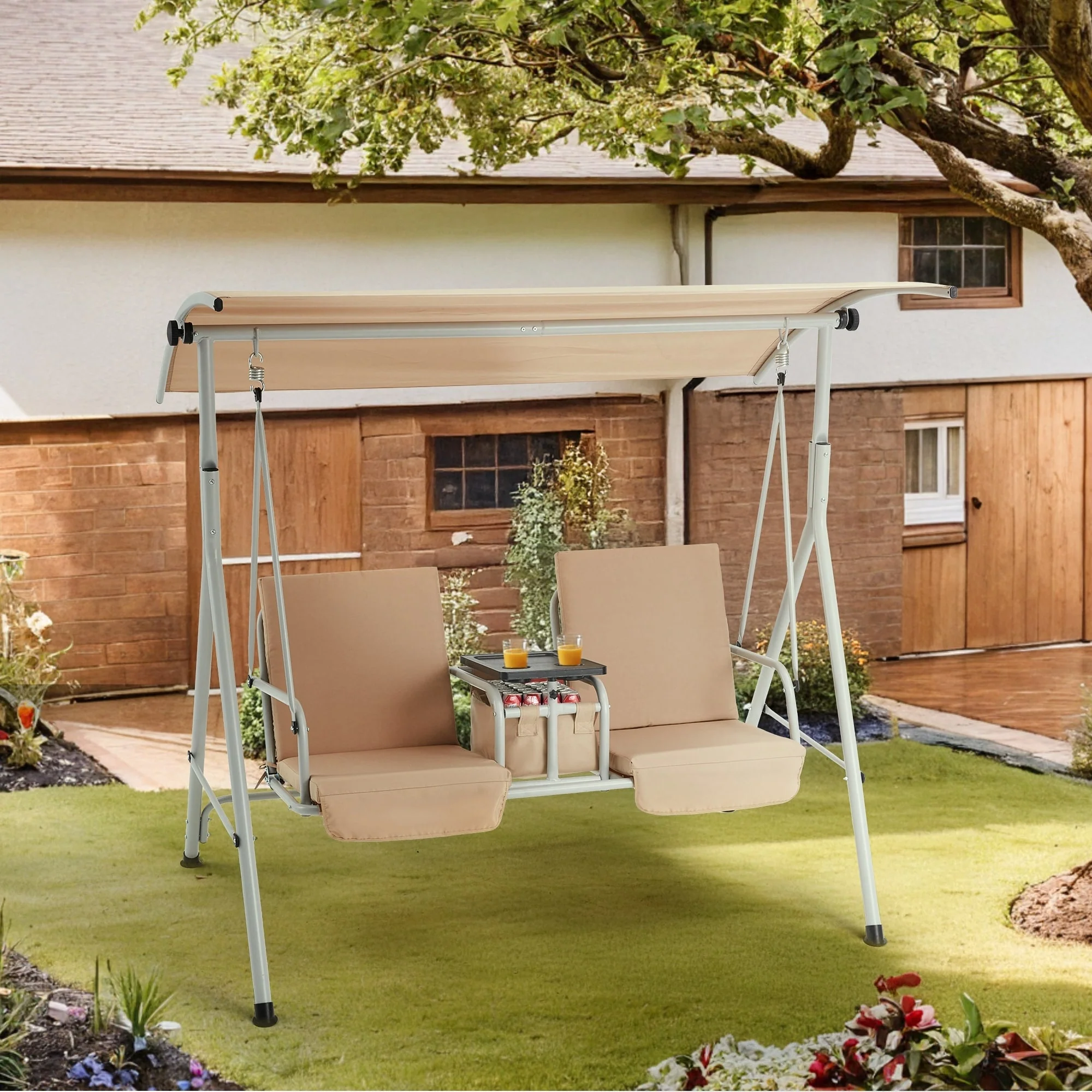 Outdoor Porch Swing with Stand, 2 Person Swing with Canopy, Pivot Storage Table, 2 Cup Holders, Cushions for Patio, Backyard