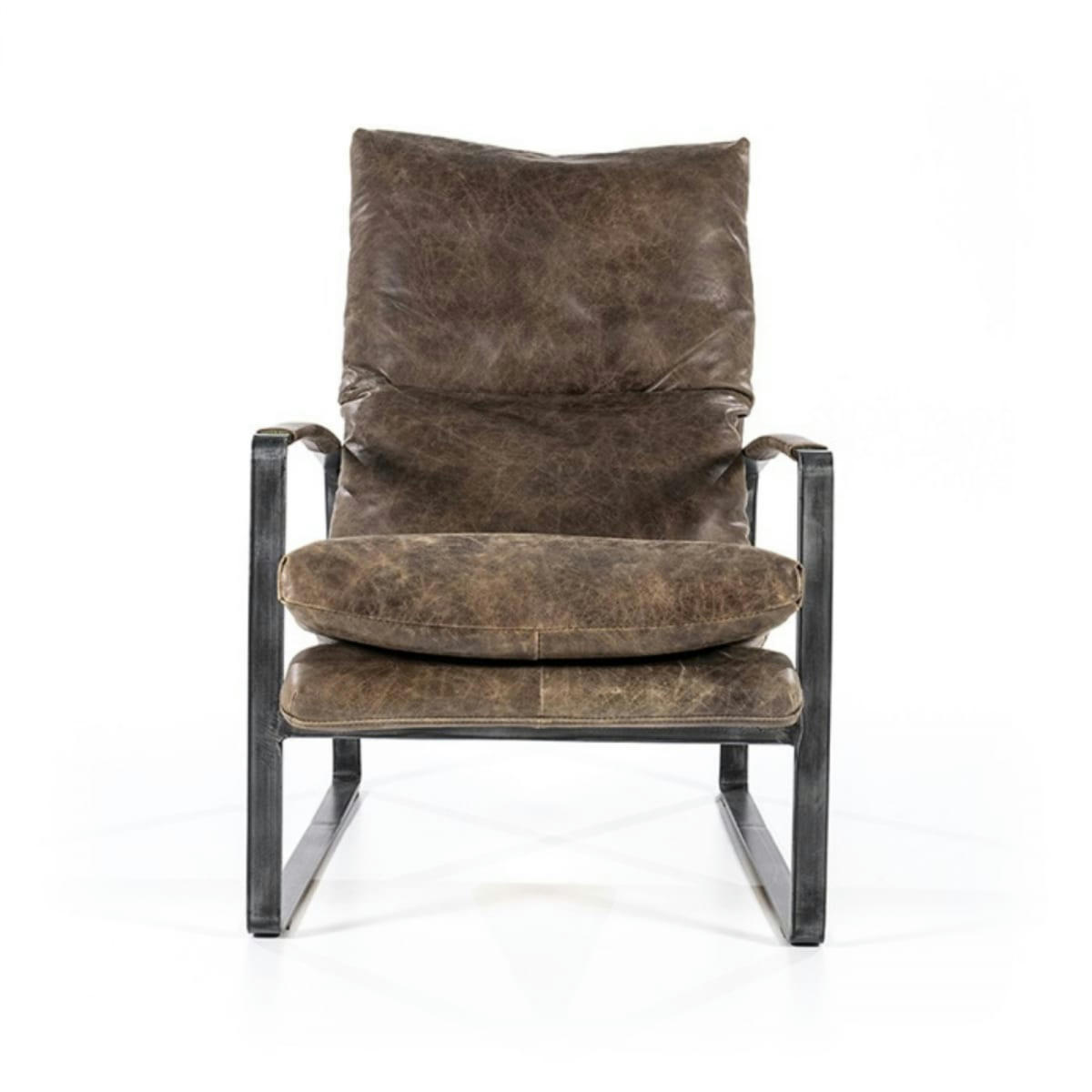 LUKAS - Fauteuil cuir vintage accoudoirs métal noir marron