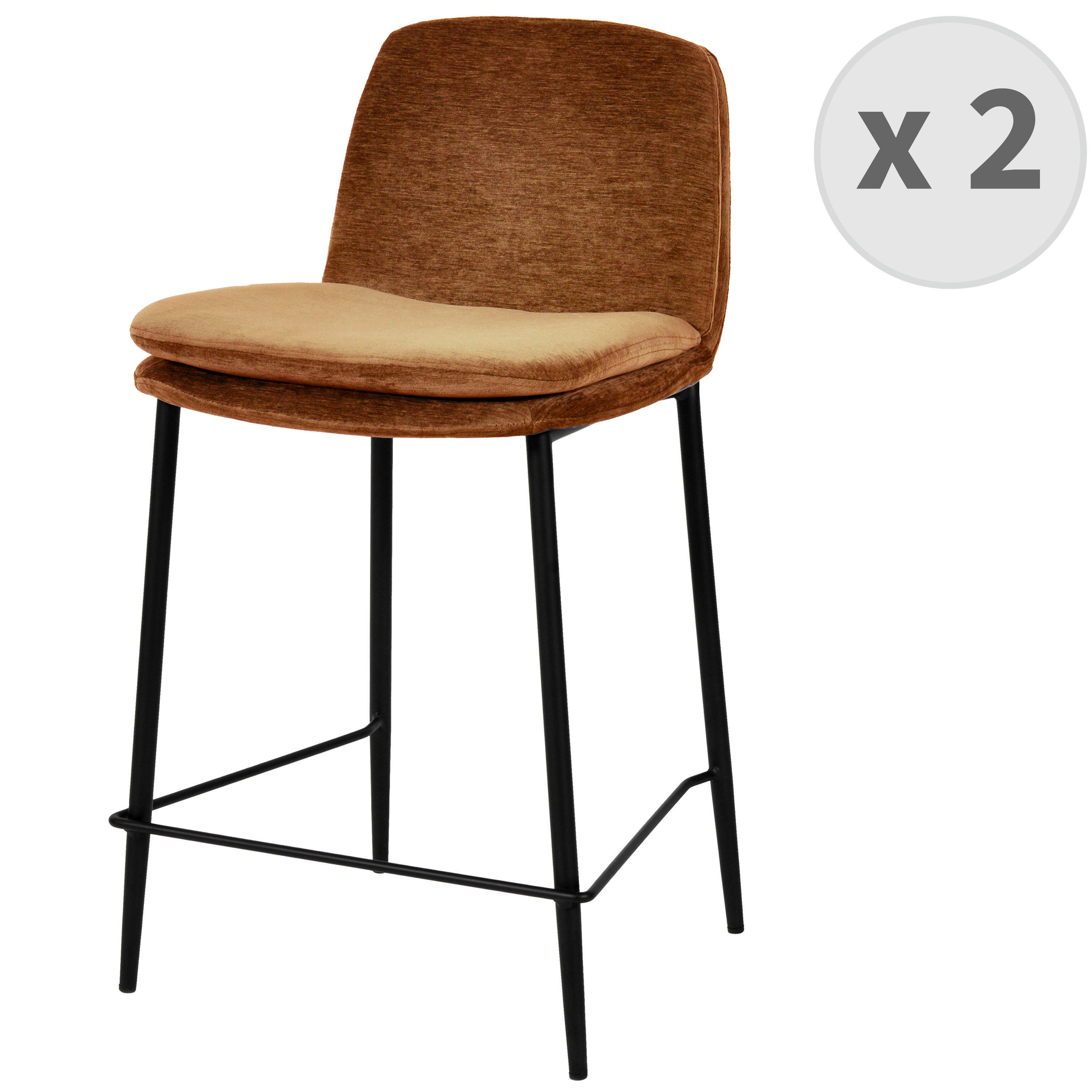 NOLAN - Chaise de bar tissu chenillé Terracota et métal noir mat (x2)