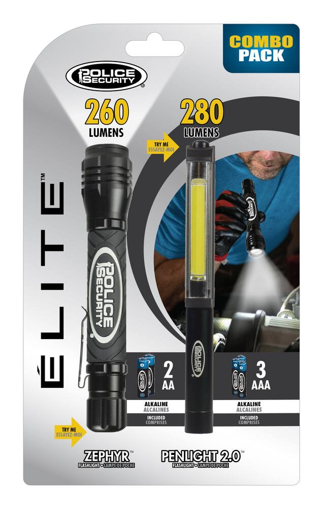 Police Security Elite 260/280 Lumens Handheld Flashlight and Pen Light, Batteries Included, Black, 2-pk