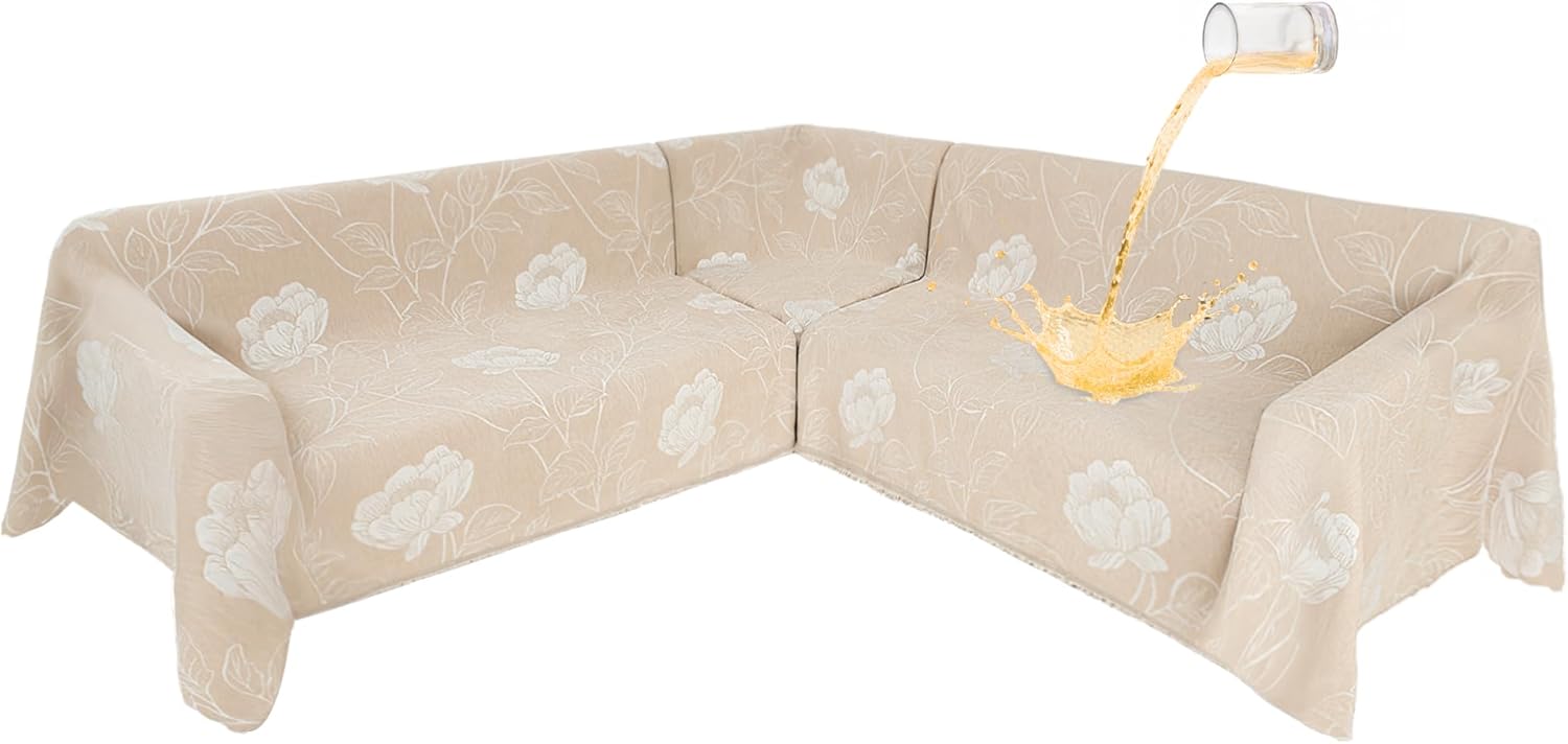 1OO% Waterproof Sectional Couch Covers for Dogs L Shaped Corner Sofa Cover Washable Chenille Sofa Slipcovers Blanket Modern Jacquard Pet Furniture Protector (91x252, Beige Flower)