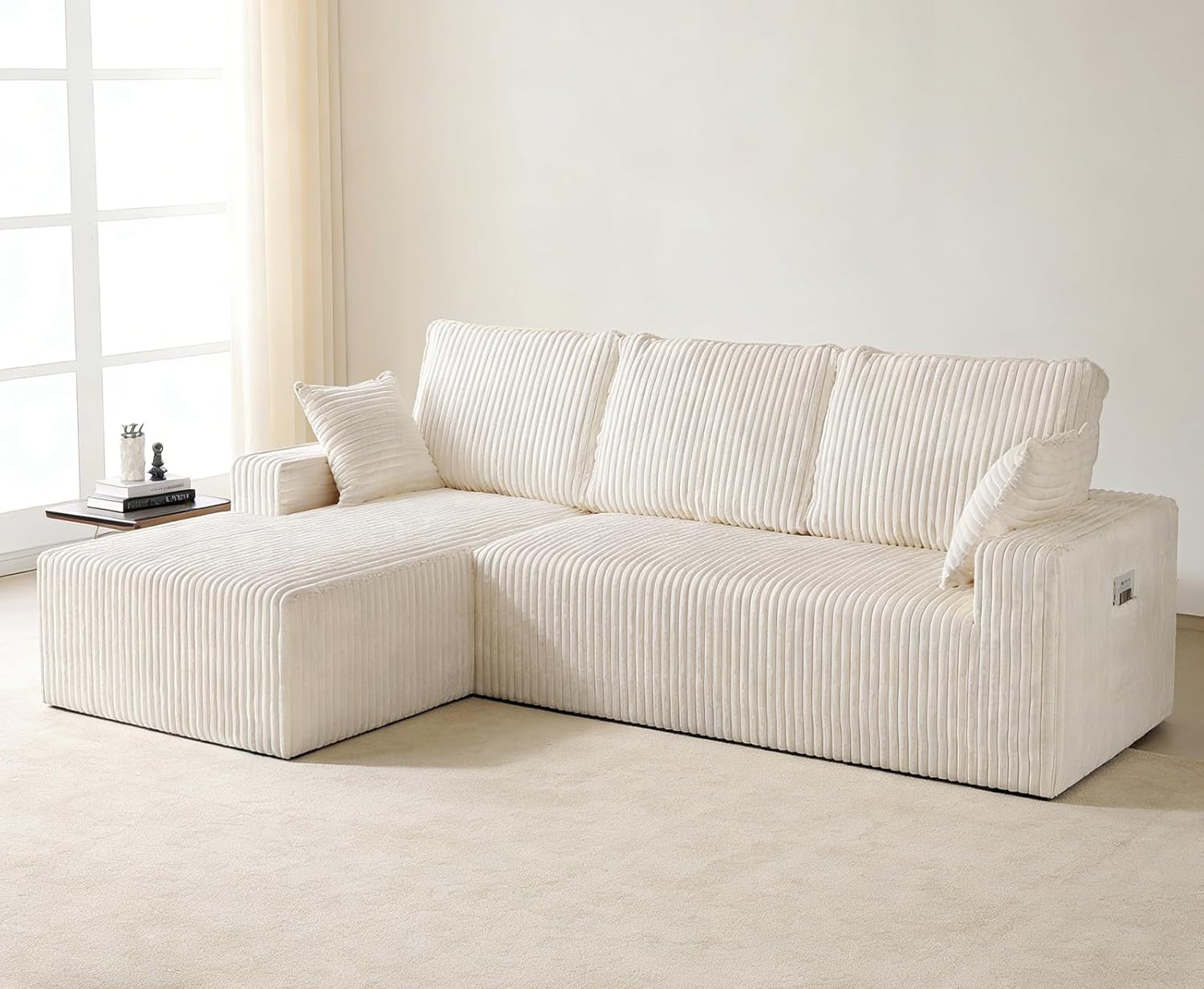 Beige Boneless Cloud Couches for Living Room L Shapes 4 Seater Sectional Sofa with Chaise Lounge, Comfy Flannel Fabric Memory Foam Couch Including Throw Pillow and Backrest - Removable Washable, 108