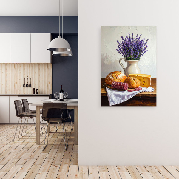 Obraz do kuchni jadalni restauracji, Martwa natura lawenda bułki 20x30
