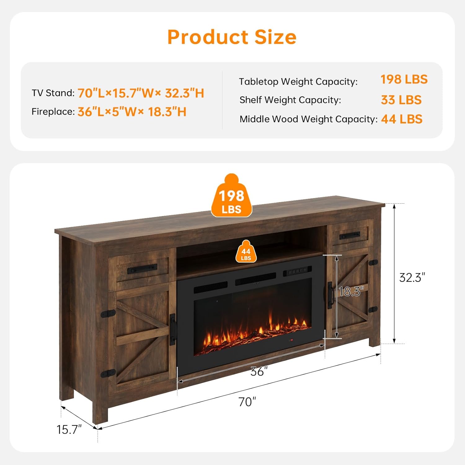 Fireplace TV Stand, 70 Farmhouse TV Stand with Barn Door for 80 TVs, Entertainment Center with Black Fireplace & Storage, Brown