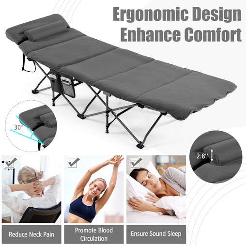 NNECW Folding Travel Camping Cot with Carry Bag Removable Mattress & Pillow-Grey
