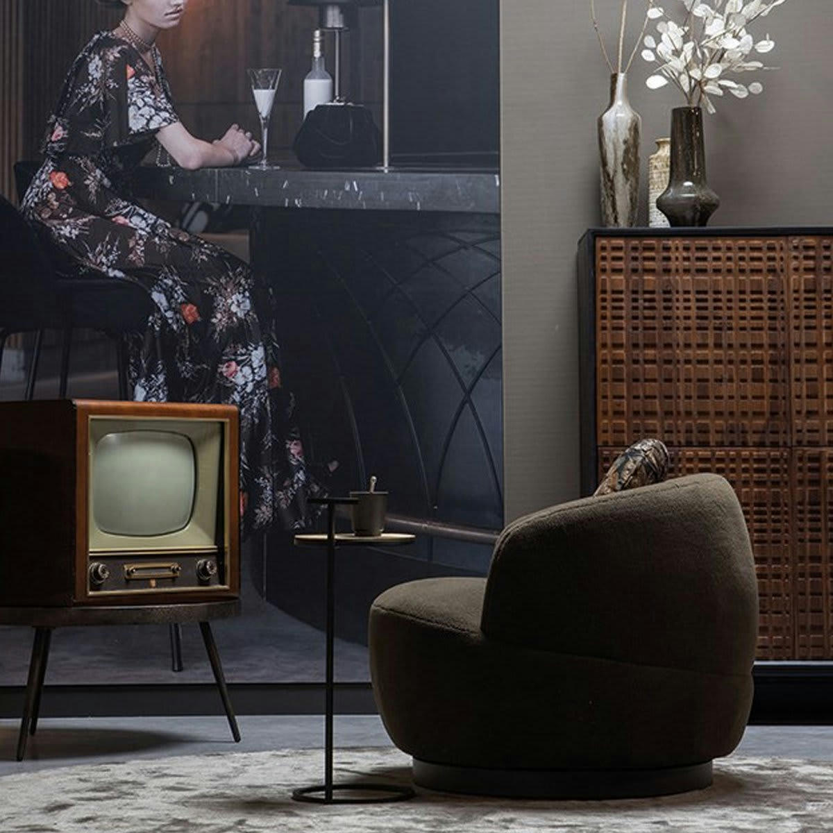 WOOL - Fauteuil pivotant arrondi en tissu marron