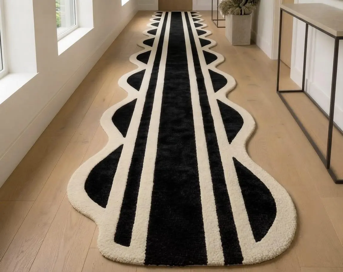 Modern Organic Shape Runner Rug, Hand Tufted Wool Carpet, Black White Entryway & Hallway Rug.
