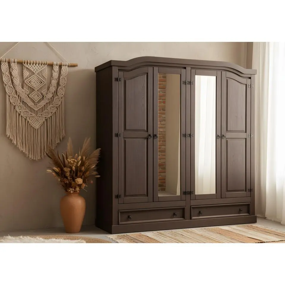 Hioshop New Mexico 4-deurs kledingkast bruin met spiegel