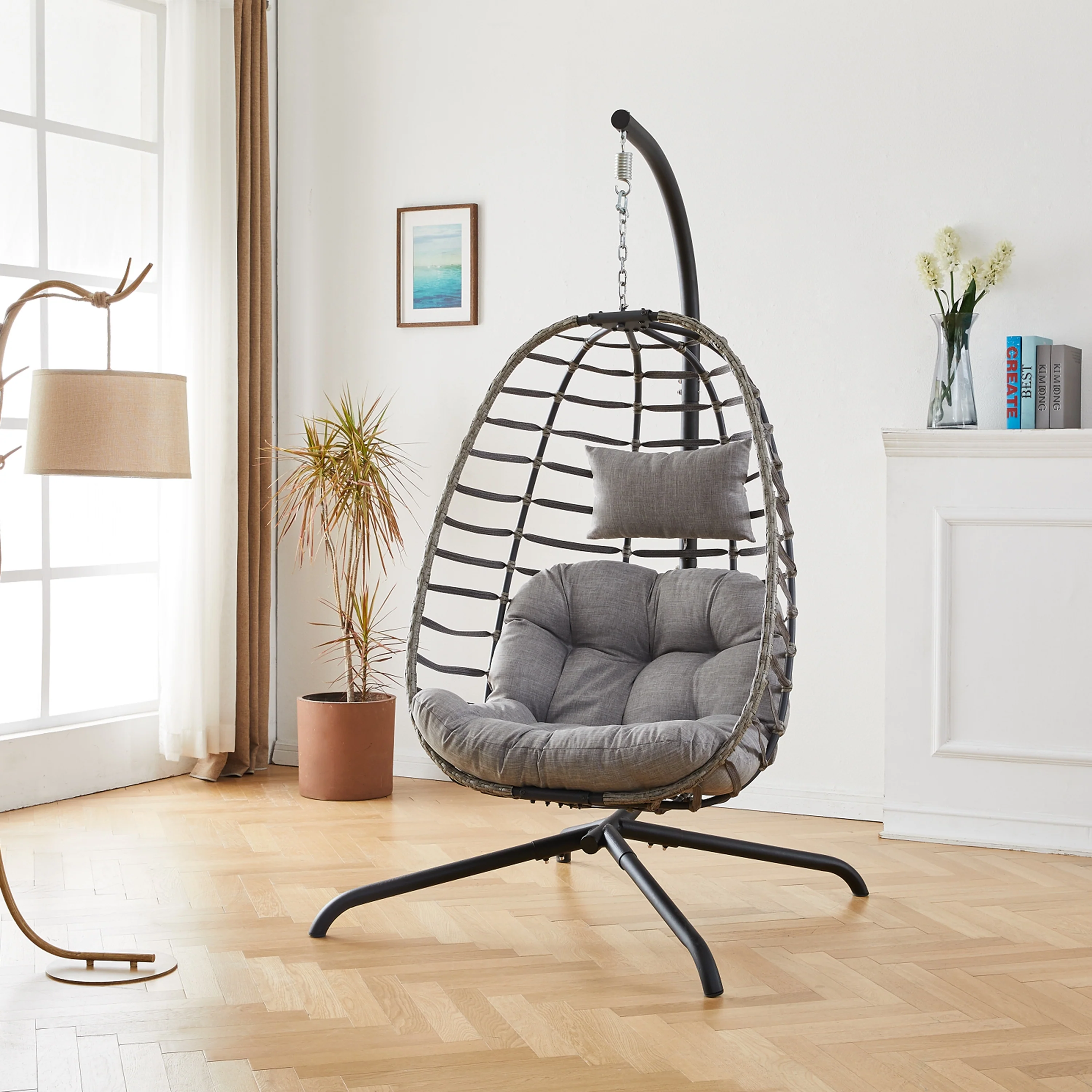 Foldable Wicker Hanging Egg Chair with Stand