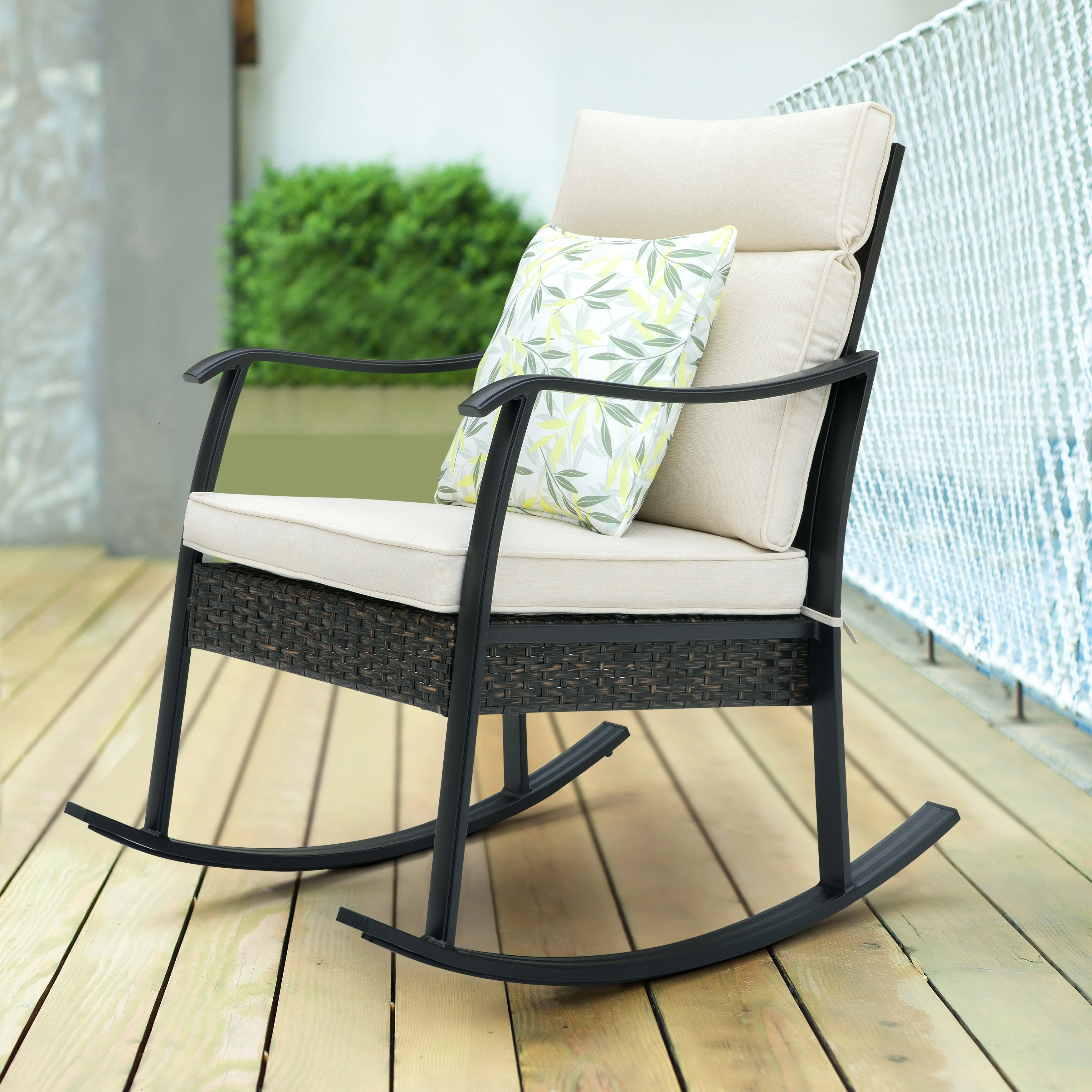 Outdoor Patio Rattan Rocking Single Chair with Padded Cushions