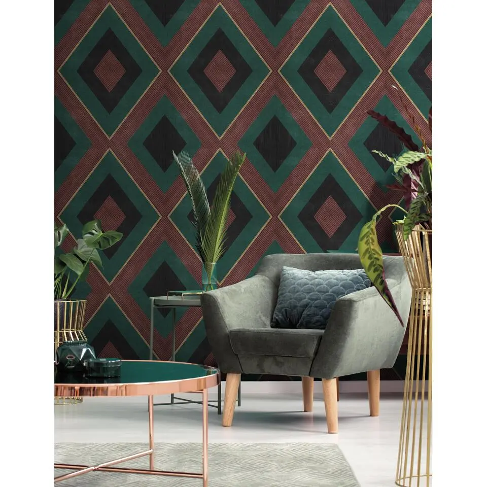 Sanders & Sanders behang geometrische vormen terracotta, groen en zwart