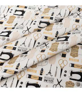 SINGER Sewing Tools on Brown Cotton Fabric by Keepsake Calico