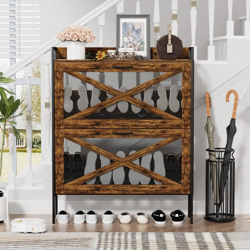 Rustic Brown Shoe Cabinet with 2 flip-top drawers, Entryway Shoe Cabinet