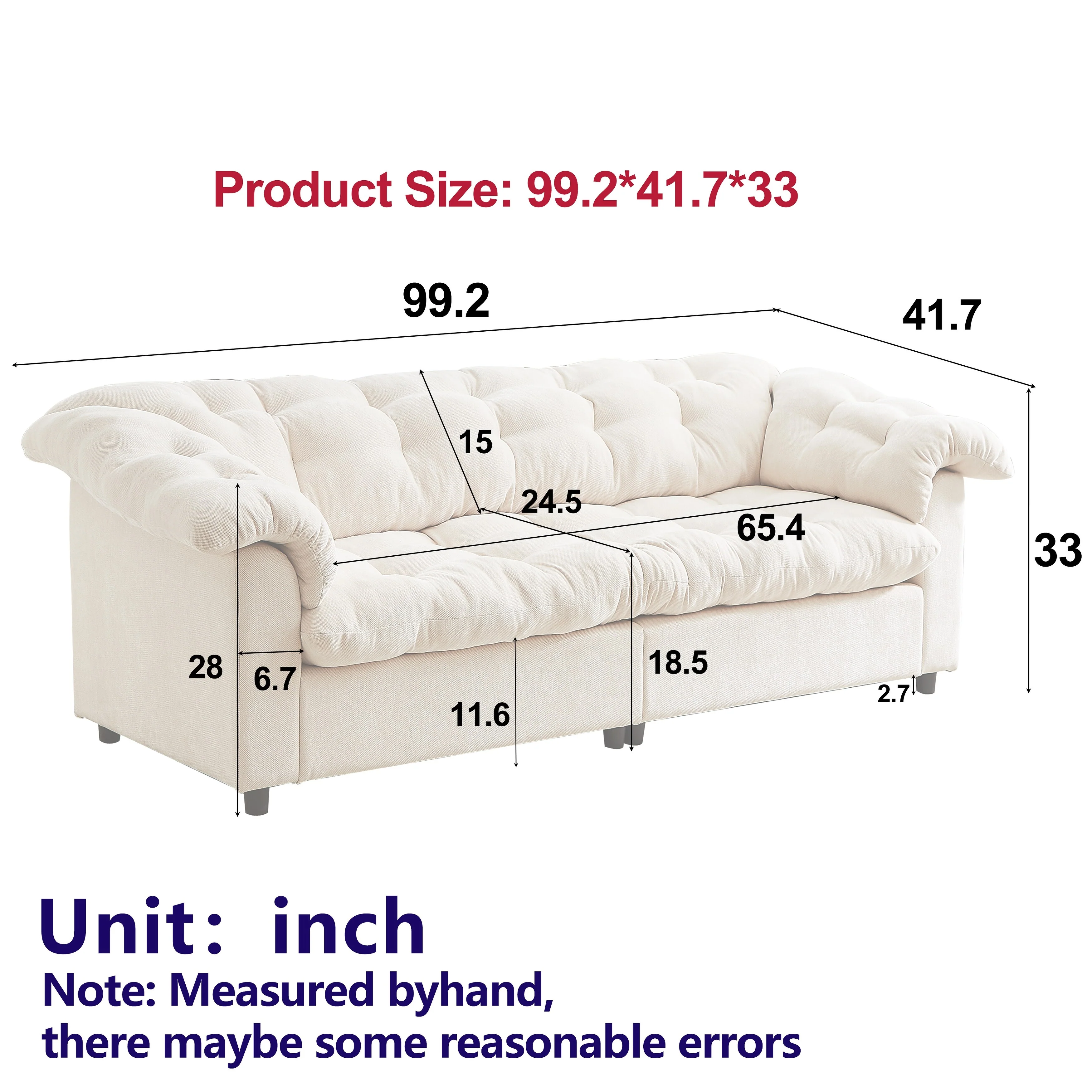 99.2 Fabric Modern Classic 3-Seater Sofa with Plush Cushions