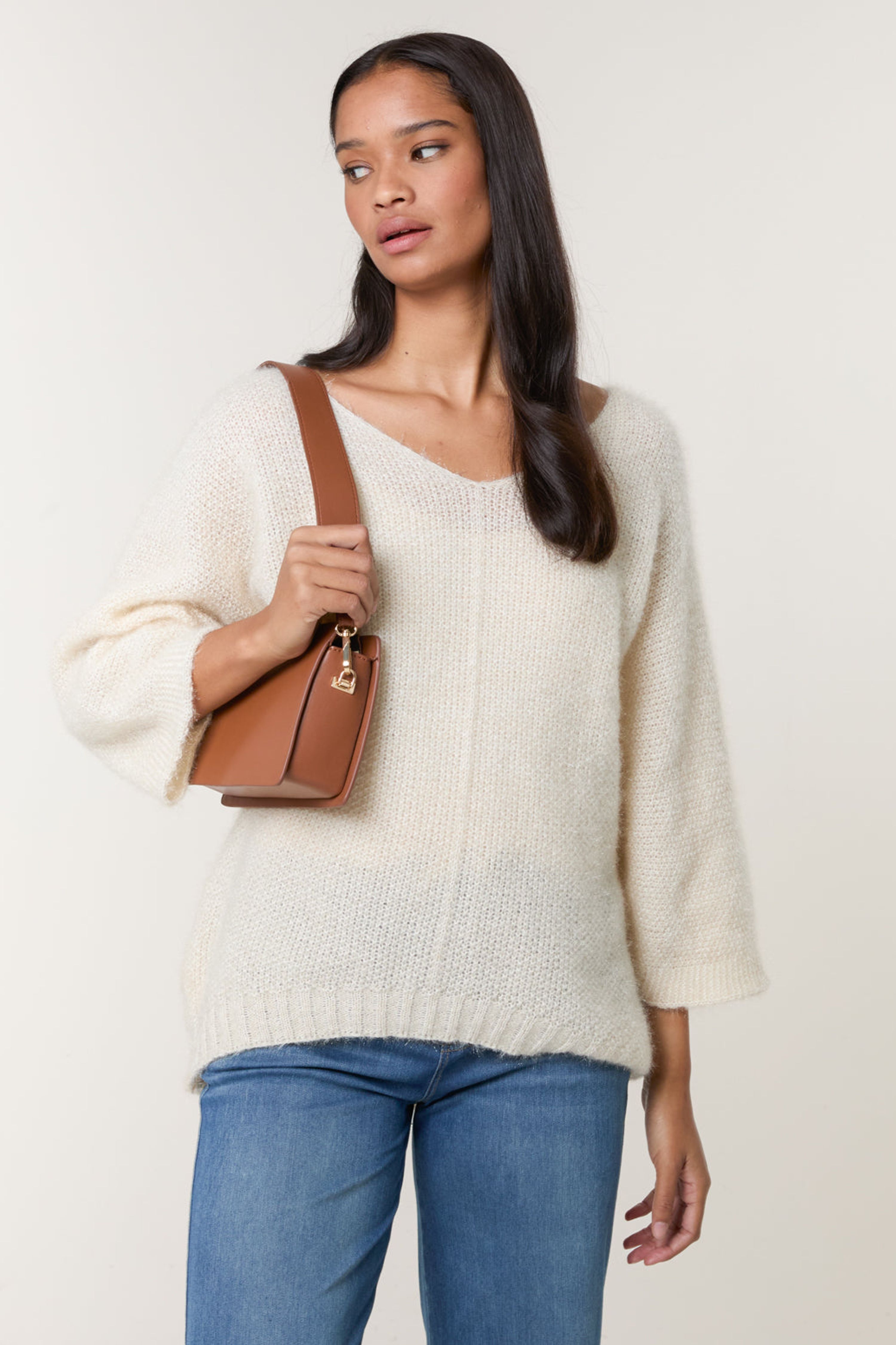 Blue Vanilla Beige Fluffy Textured V Neck Jumper