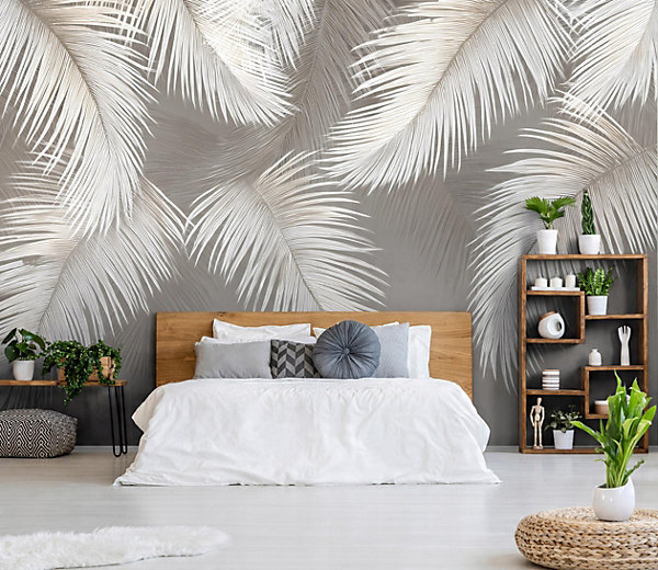 Papier Peint Feuilles Plumes Gris Intissé Panoramique Pour Chambre Cuisine 350x250 cm