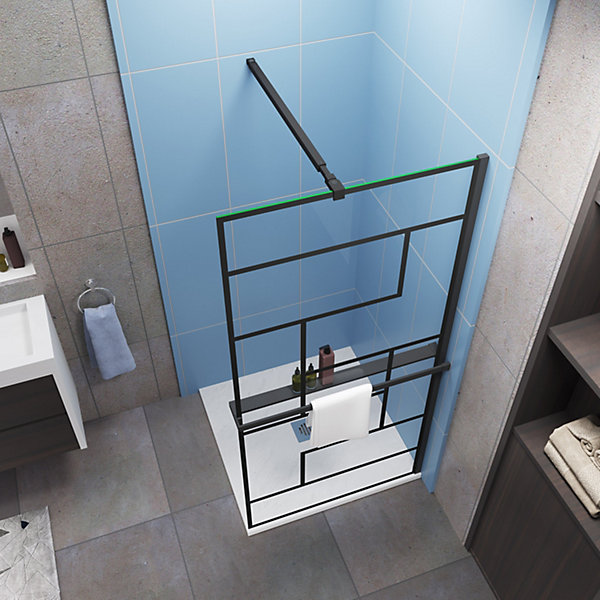 Paroi de douche fixe noir 100x200 cm verre 8mm anticalcaire style moderne   étagère alu 100 cm   barre fixation 73-120 cm