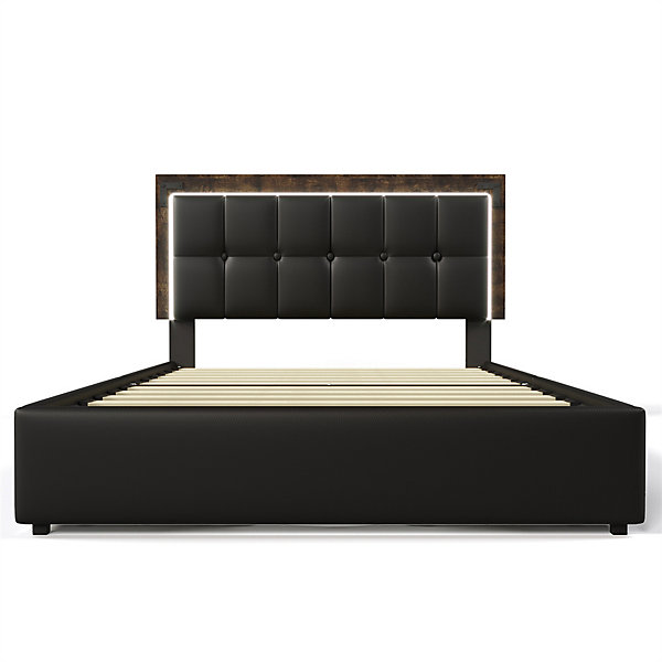 Lit adulte lit 140x200 cm lit rembourré avec bandeau lumineux led et 4 tiroirs lit double pu noir