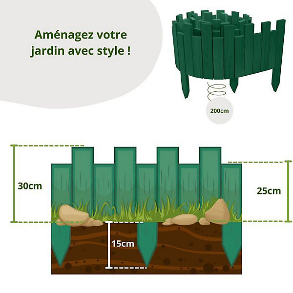 Bordure de jardin - Floranica - Bois de pin - 200 cm x 20 cm - Verte - Esthétique crénelée