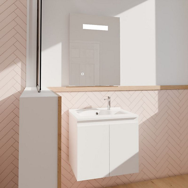 Meuble PROLINE 60 cm avec plan vasque et miroir Elégance ht80- Blanc- Plan vasque en Résine
