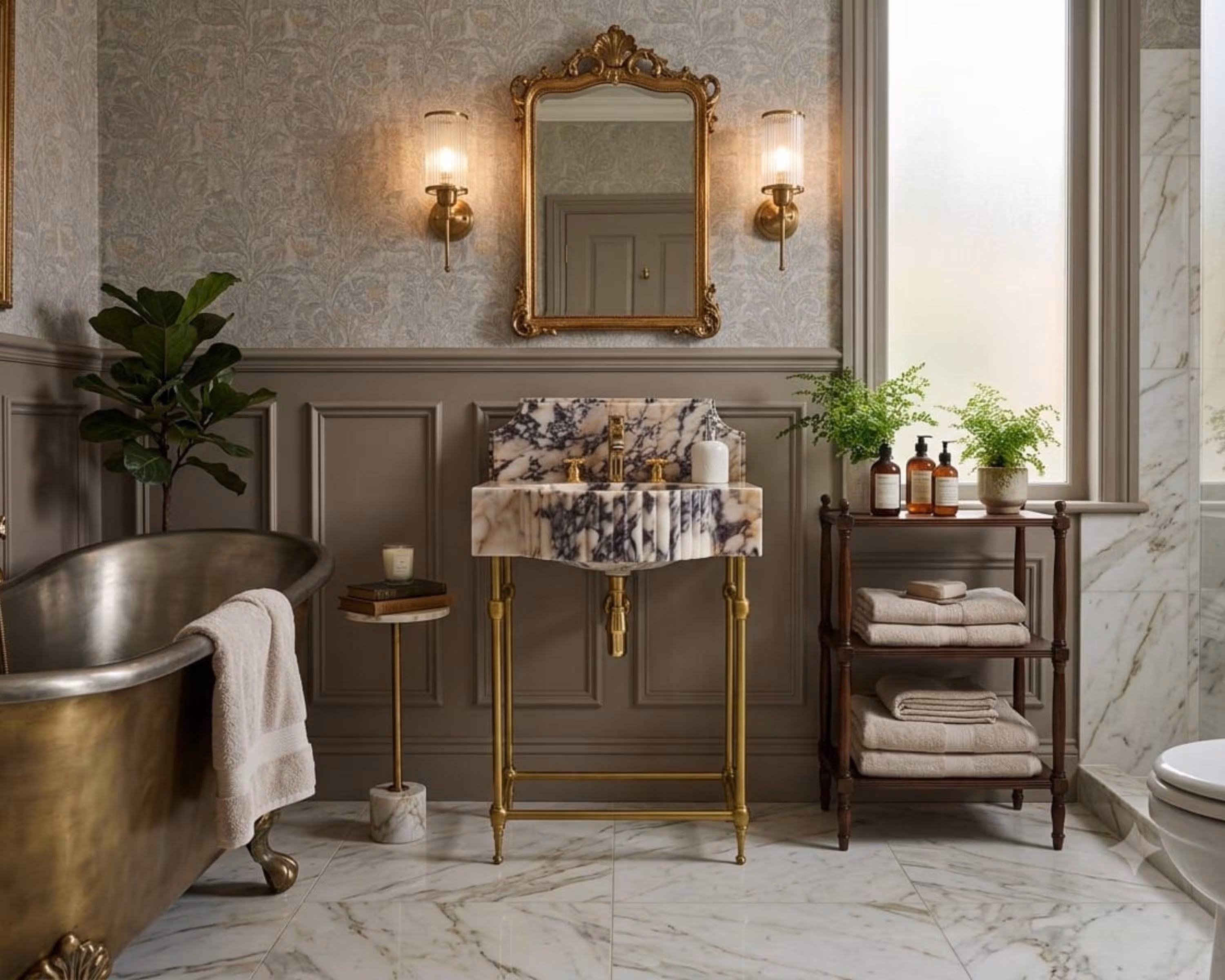 Calacatta Viola Marble Sink, Fluted Washbasin with Brass Legs, Luxury Vanity