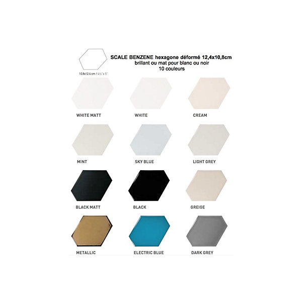 Carrelage mural faïence Scale Benzene (10 couleurs), hexagone déformé 12,4x10,8cm -- boîte de 0.44 m2