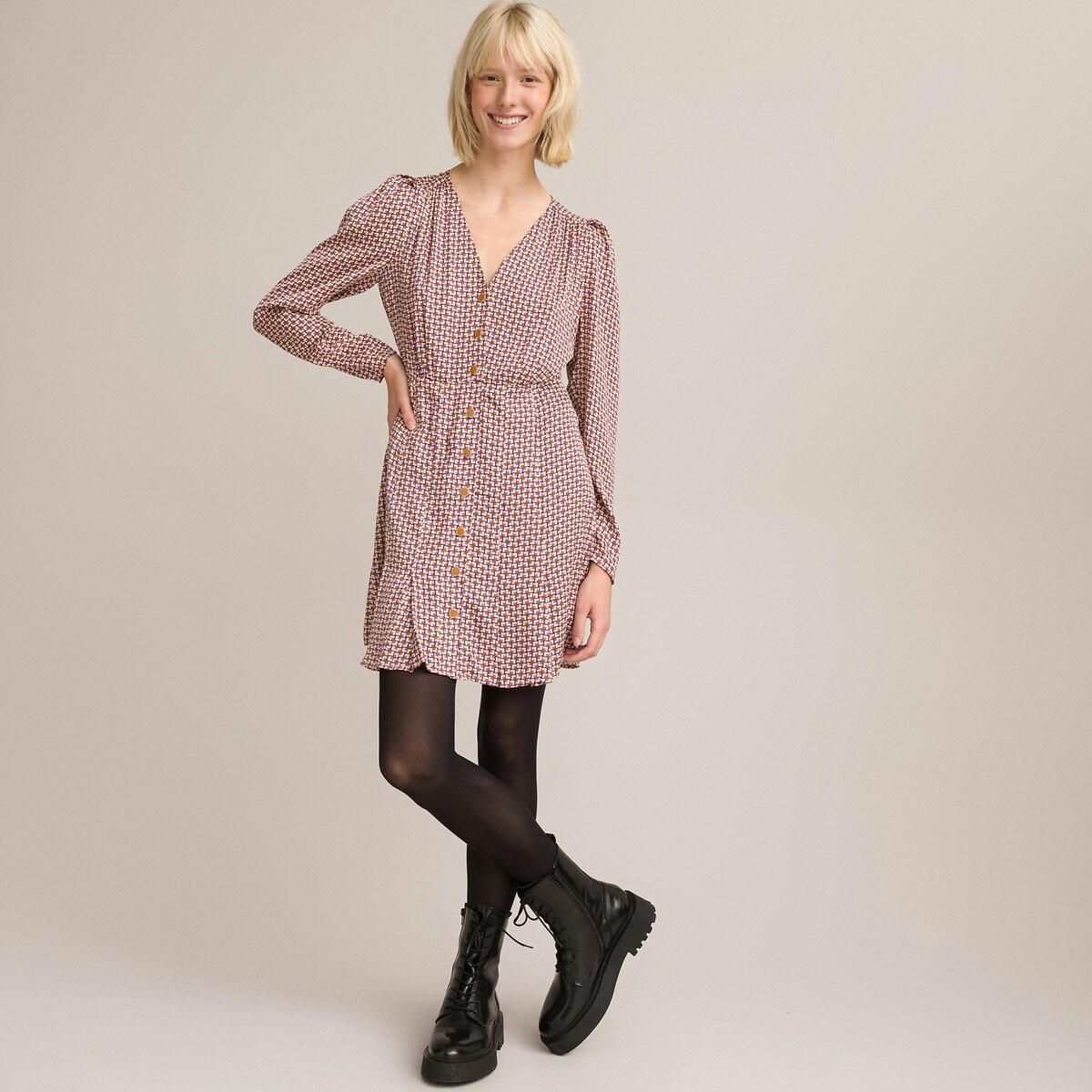 Robe courte imprimée, manches longues