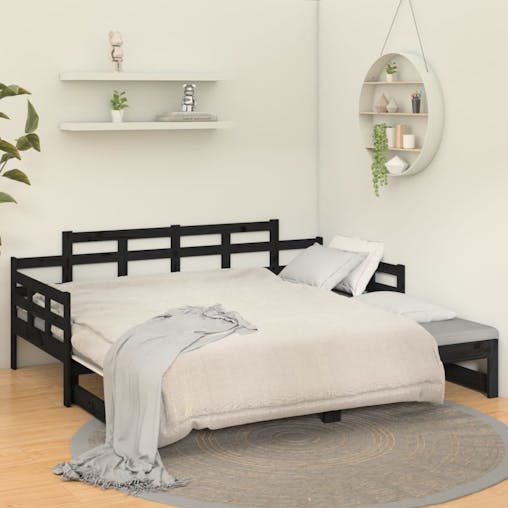 NNEVL Pull-out Day Bed Black Solid Wood Pine 2x(92x187) cm