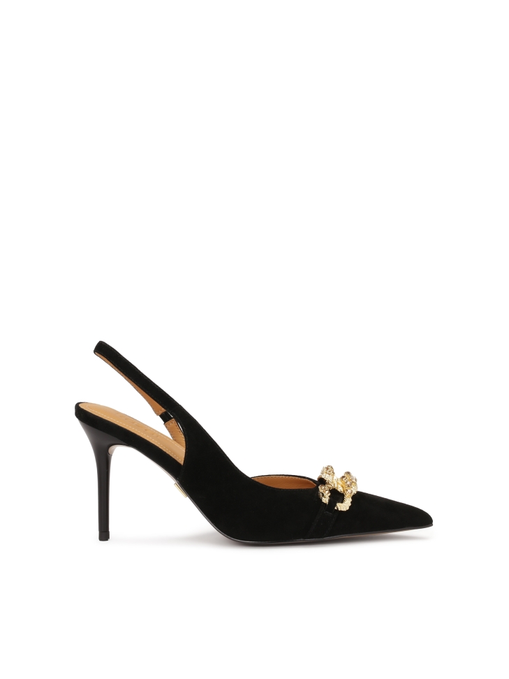 Elegant suede pumps decorated with chain