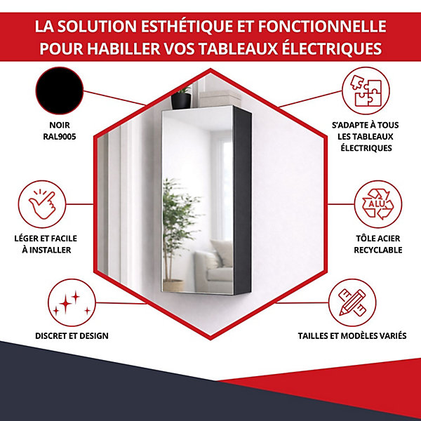Coffret d'habillage ATOLE 13 modules en acier noir avec porte miroir - H 79 x L 34 x P 14,5 cm - Réf. RCH300MIRNR