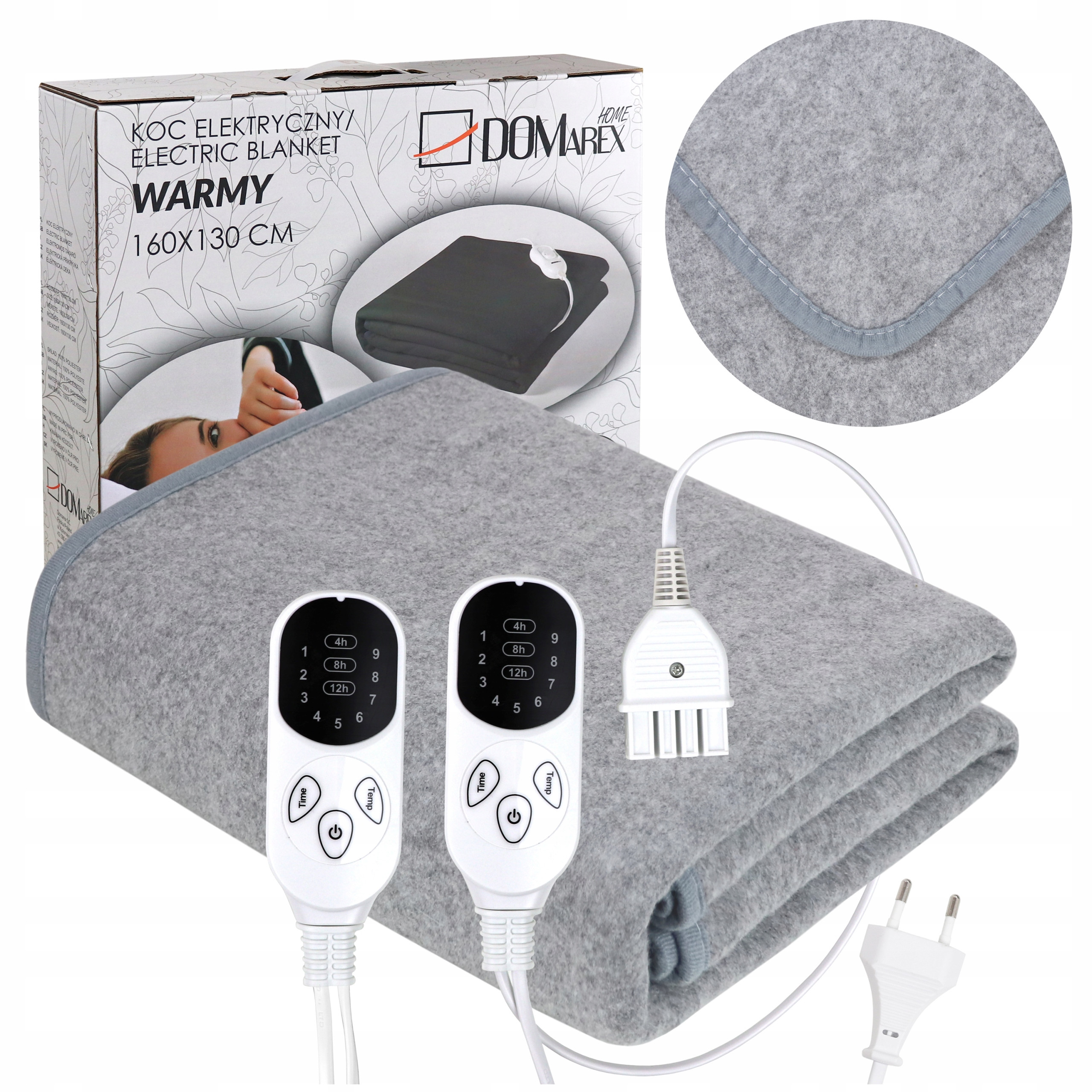 Duży Koc 130x160 Elektryczny Rozgrzewający XL Pilot LCD Timer Szary