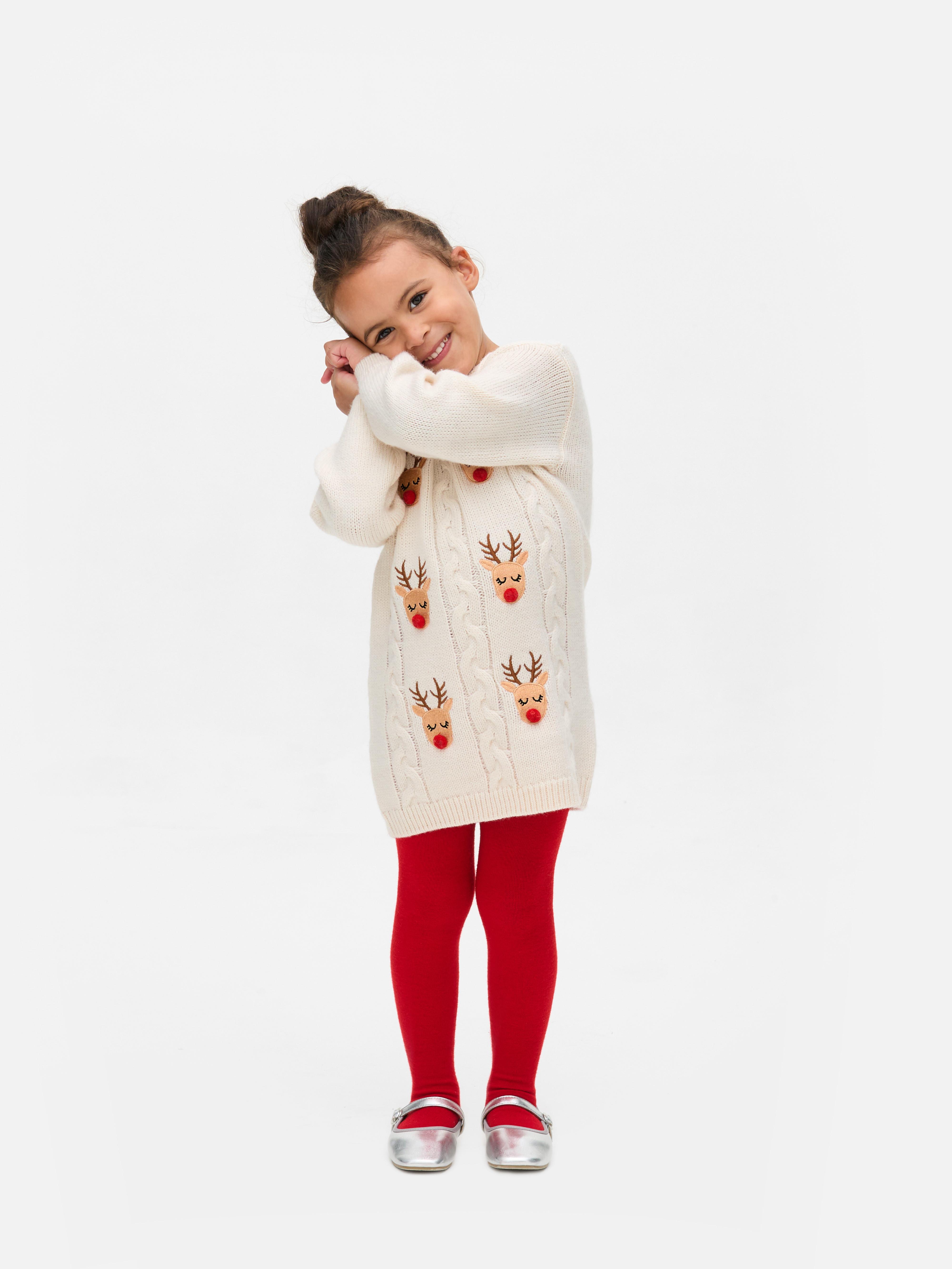 1.5-8yrs | Christmas Reindeer Sweater Dress and Tights Set