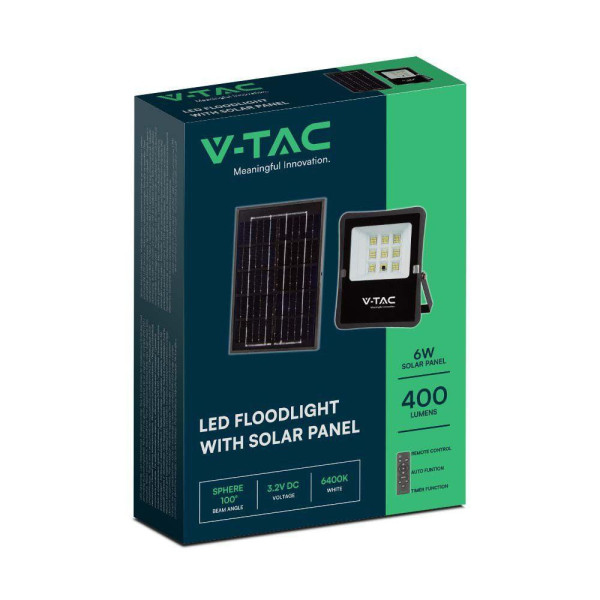 Naświetlacz LED Solarny V-TAC 6W Pilot, AUTO, Timer IP65 6400K 400lm