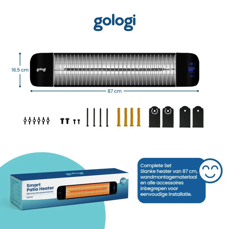 Gologi Slimme Terrasverwarmer - Heater Elektrisch - 2000W - Zwart