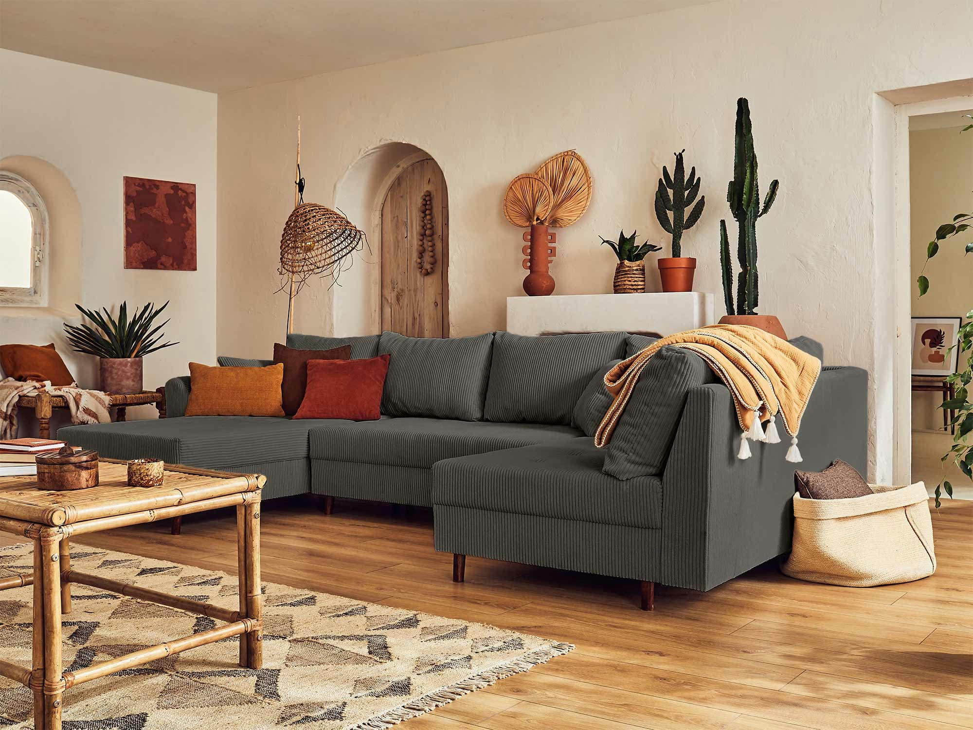 RUNE - Canapé d'angle droit 7 places en velours côtelé gris foncé