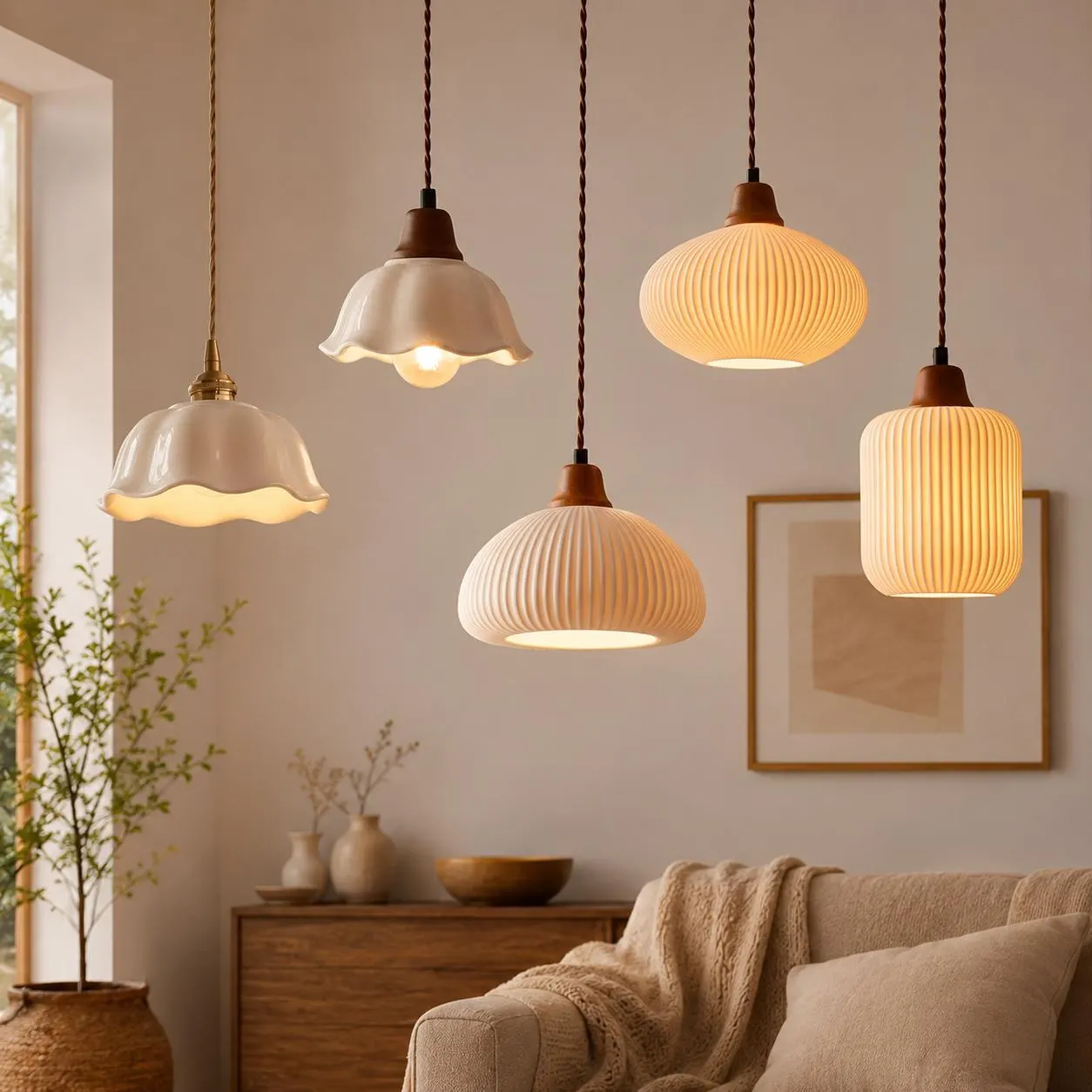 White Ceramic Pendant Light, Nordic Hanging Lamp, Copper Socket Ceiling Light, Kitchen Island Bedroom Modern Lighting