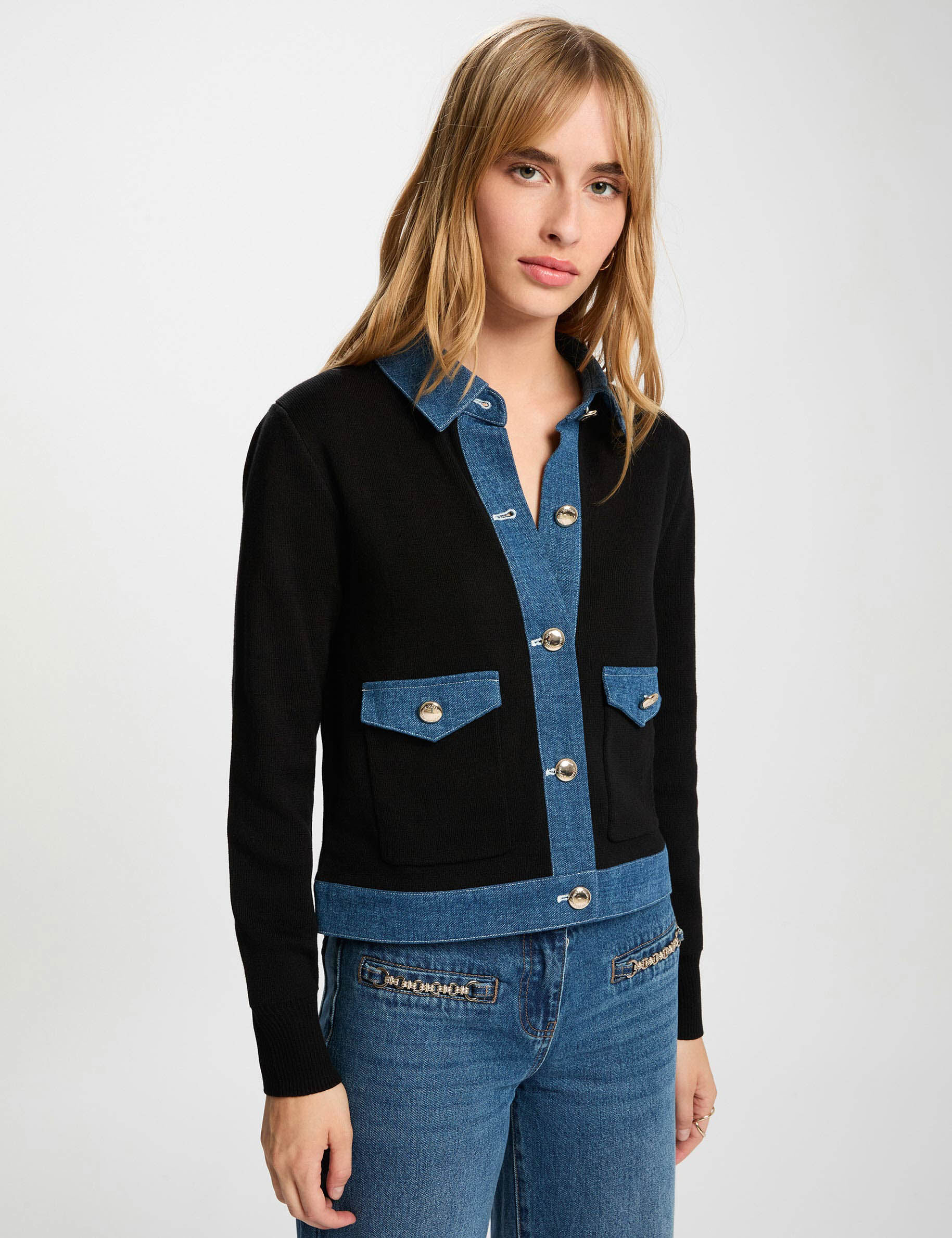 Striped Cardigan Lapel Collar Black Women
