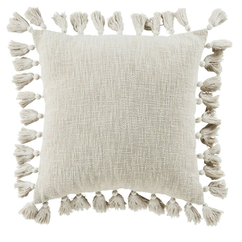 LIMANA - Coussin en coton recyclé tissé beige avec pompons 50x50