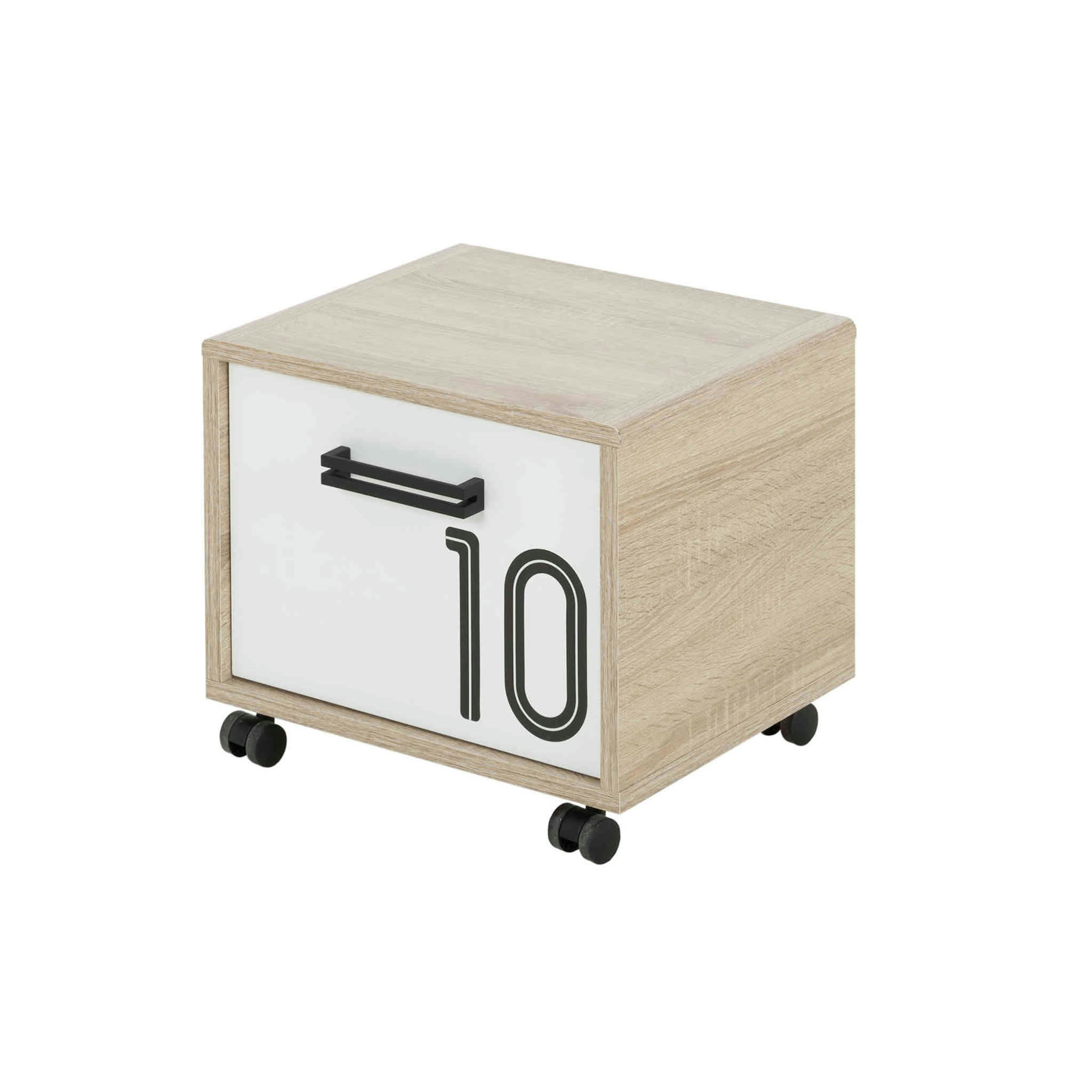 - Table de chevet sur roulettes en bois imitation chêne clair et blanc