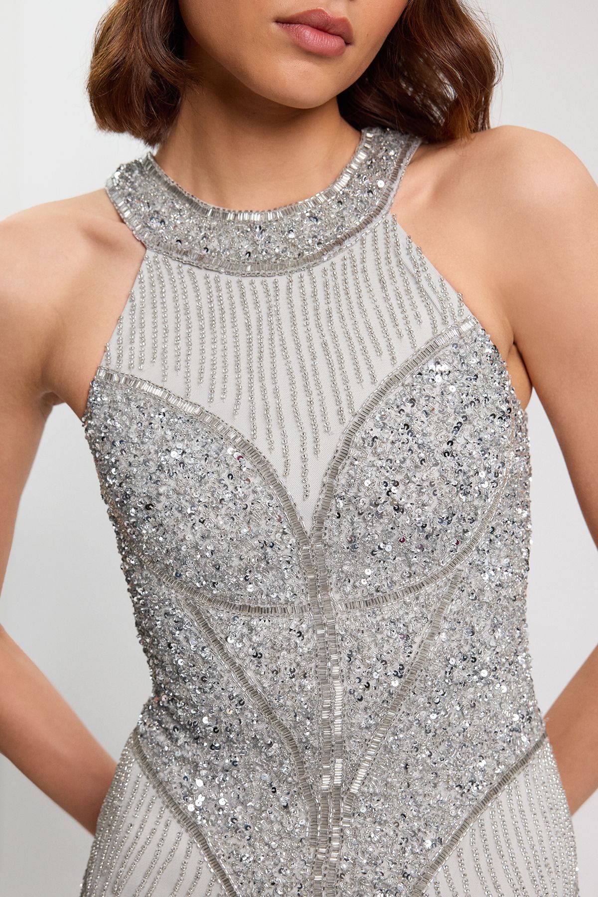 KarenMillen Crystal Embellished Halter Woven Maxi Dress