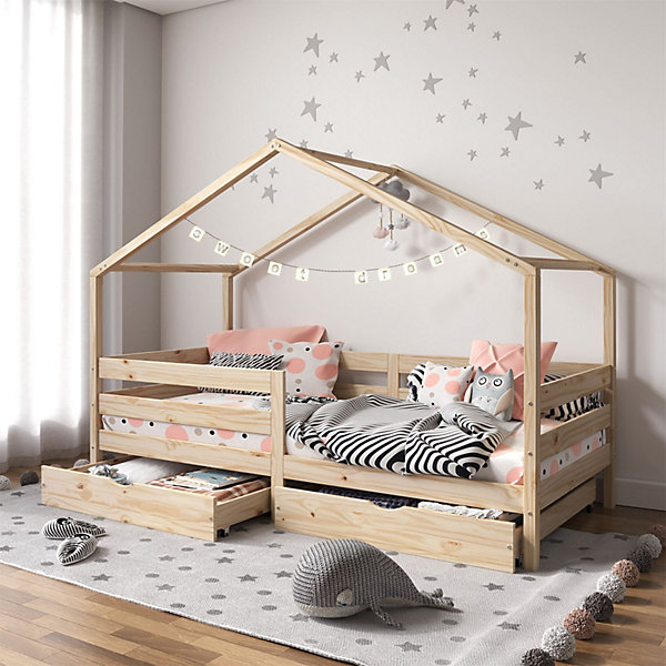 Lit cabane ENA avec tiroirs, 90 x 200 cm en pin massif naturel