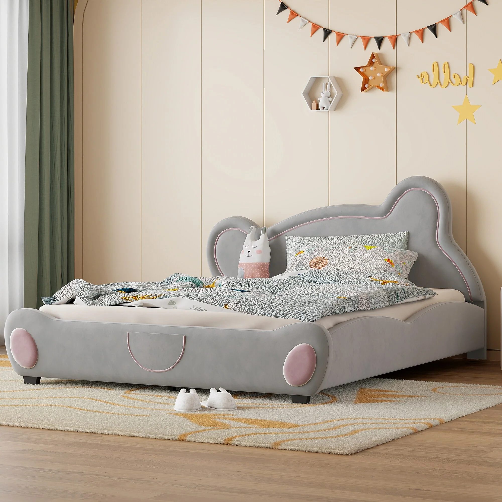 Adorable Queen Size Bear-Shaped Platform Bed with Storage, Available in Beige and Gray
