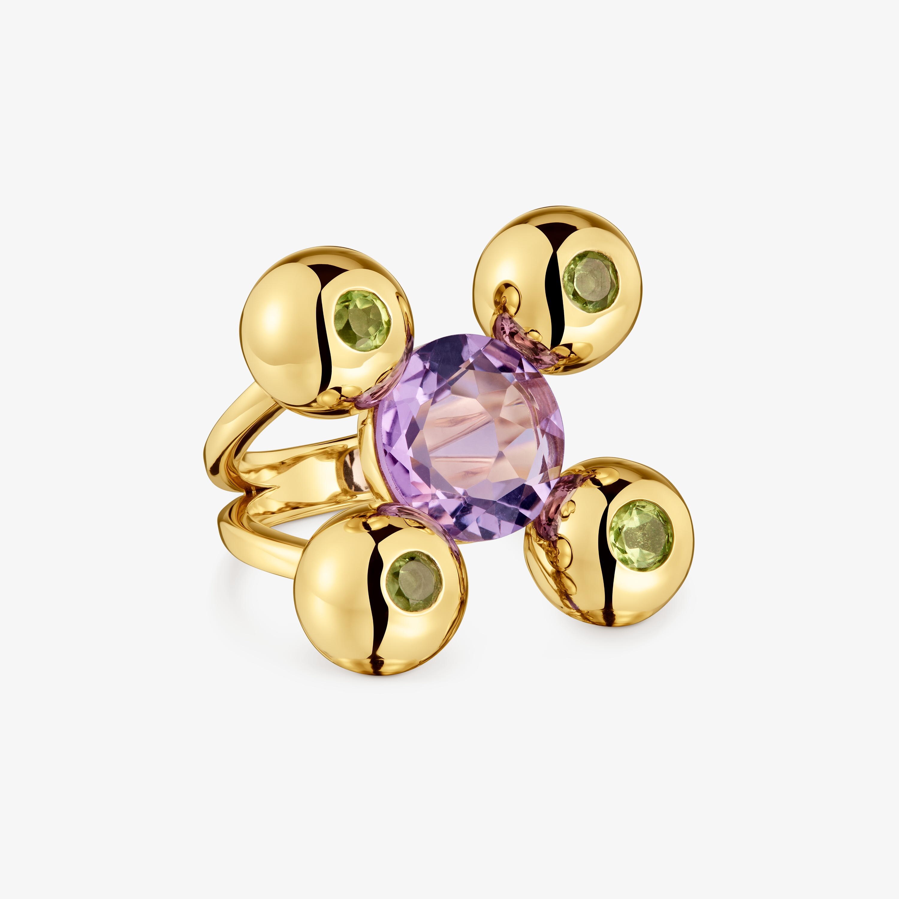 Anillo mediano con baño de oro 18 kt sobre plata, amatista y peridoto Sugar Party