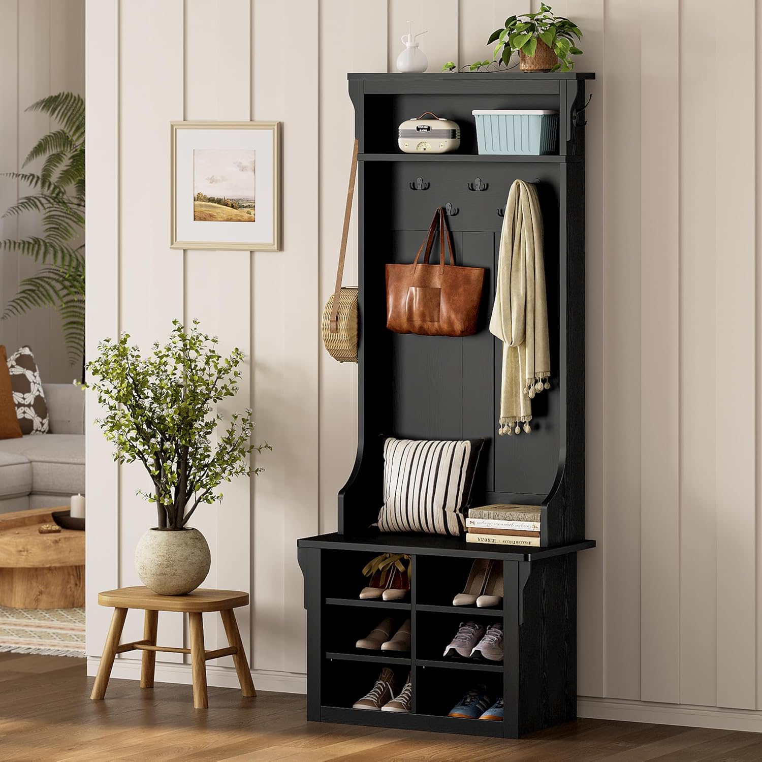 IRONCK Hall Tree with Bench and Shoe Storage, 6-in-1 Entryway Bench with Coat Rack, Adjustable Shelf, Hanging Hooks, 6 Shoe Cubbies, 2-Tier Top Storage, for Entryway, Bedroom, Living Room, Black