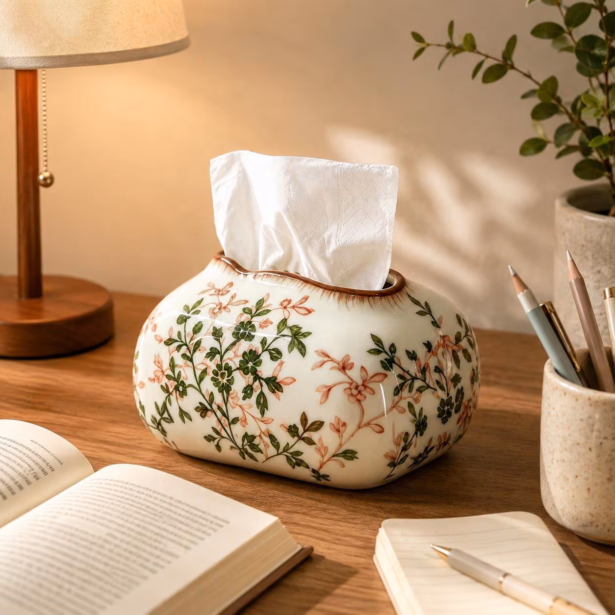 Floral CeramicTissue Box Cover, HandmadePorcelainTissue Holder, VintageBotanical Home Decor, ElegantBathroom VanityDecor, Living Room Accent