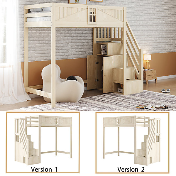 Lit mezzanine en bois massif 90x200 cm - échelle de rangement sécurisée - barrière de sécurité - naturel(sans matelas)