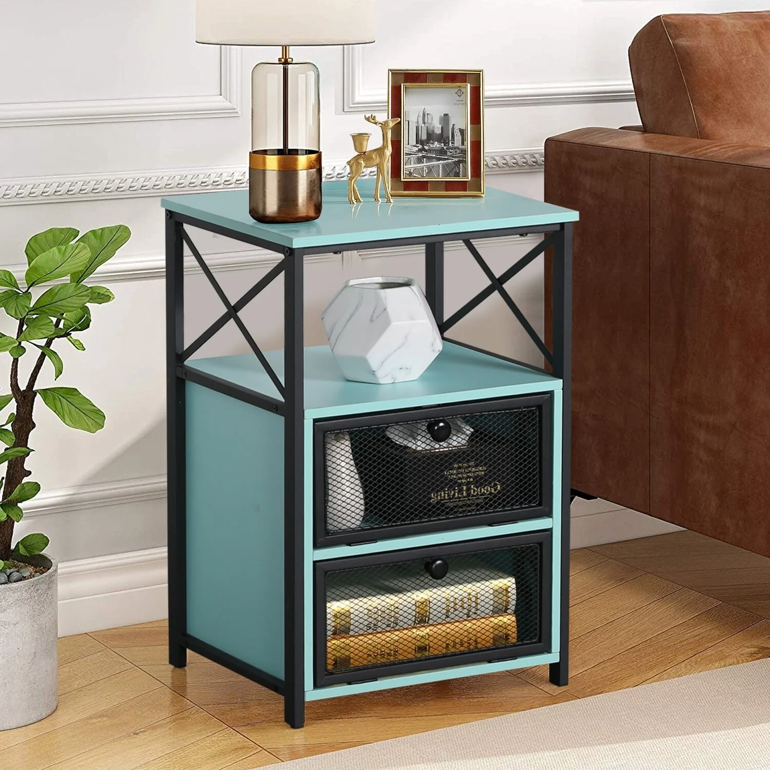 VECELO End Side Table, Modern Night Stand with Storage Space and Door Drawers for Living Room,Bedroom Small Nightstands