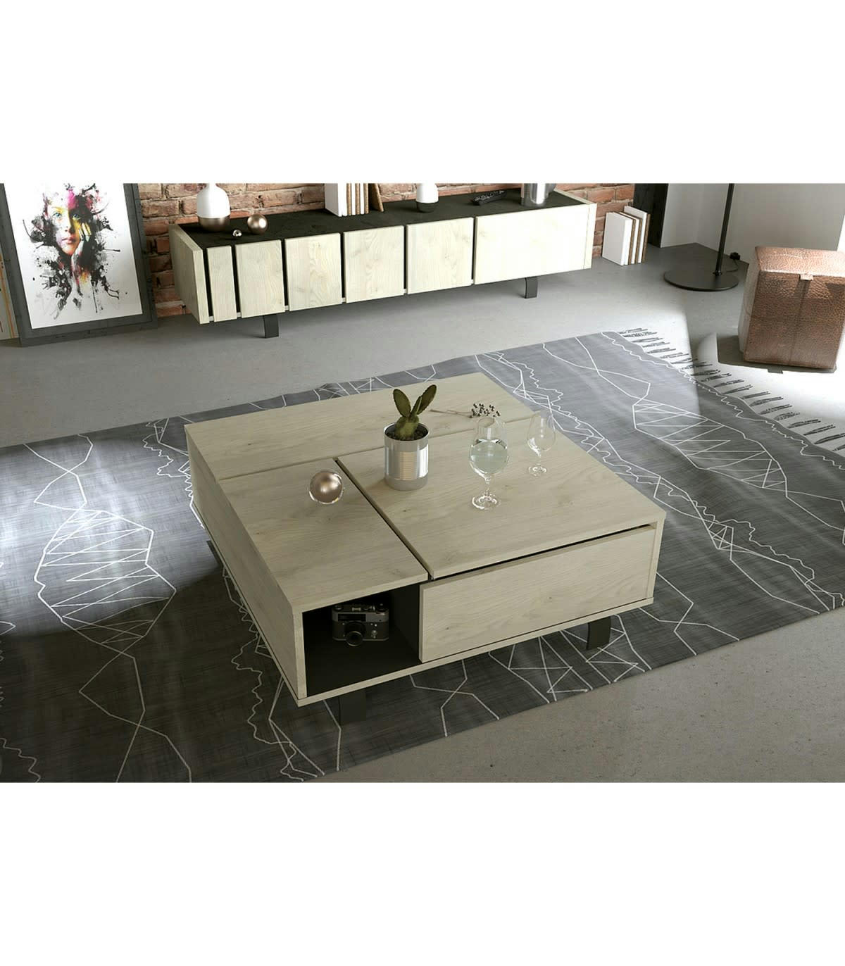RUSH - Table basse plateau relevable et coffre intérieur - Effet Bois et Noir