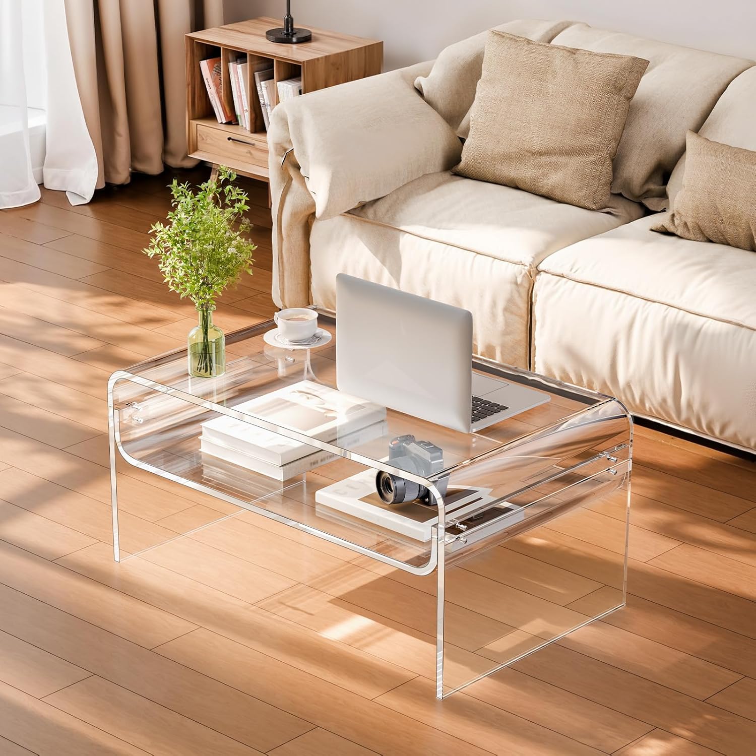 VEVOR Acrylic Coffee Table, Modern Waterfall Center Table with Open Storage Shelf, Clear Rectangle Lucite Desk for Living Room, Office Reception, 31.5 W x 19.7 D x 15 H, Large