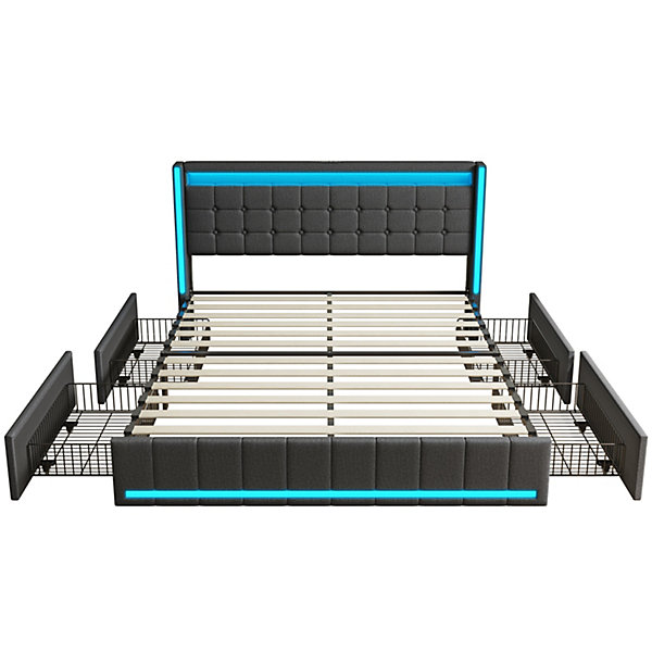 Lit 180x200 Avec Sommier LED Et USB, Lit Coffre 140x200 Avec Lattes Et 4 Tiroirs , Gris
